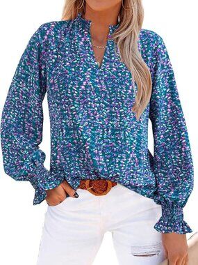 NWOT mascomoda Boho Teal Purple Floral Chiffon Ruffle Balloon Sleeve Blouse L